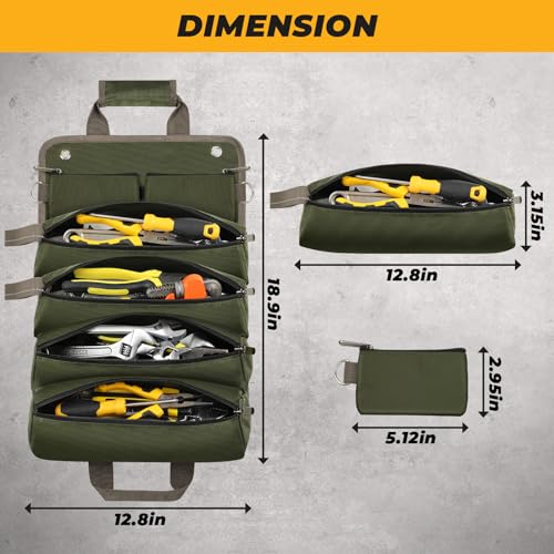 Green Roll Up Tool Bag with 2 Small Pouches I127