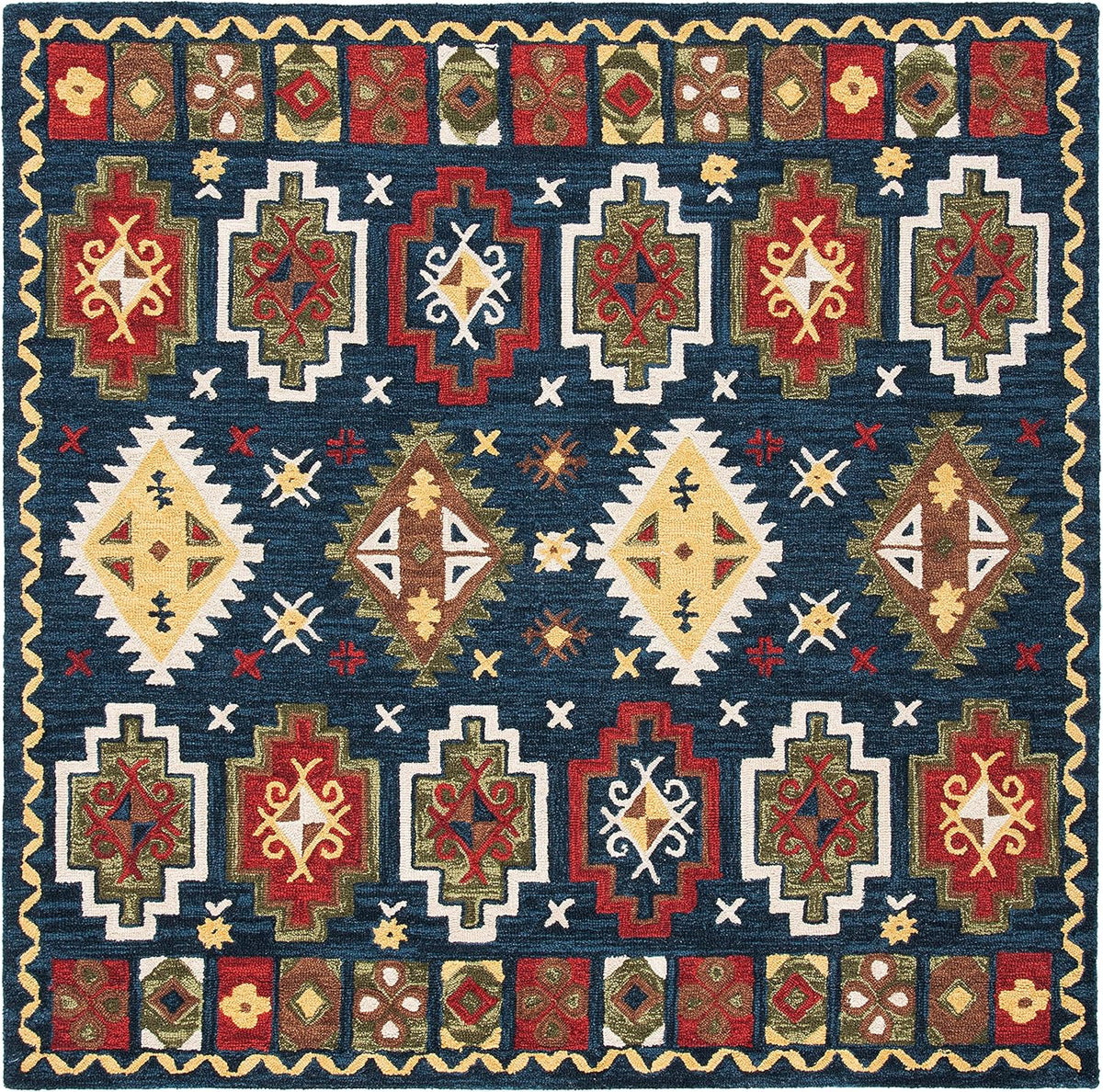6' Square Navy Red Handmade Traditional Wool Area Rug O4686