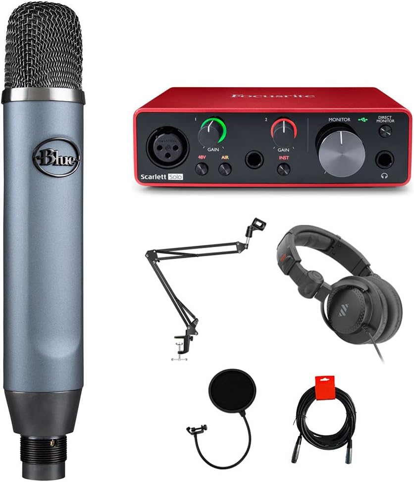 Condenser Mic Bundle with Audio Interface, Headphone, Stand, Pop Filter & XLR Cable D2514