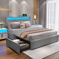 Queen Bed Frame with LED Lights Headboard, 4 Drawers, 2 USB Charging Station, Upholstered Platform Bed, Dark Gray N4034