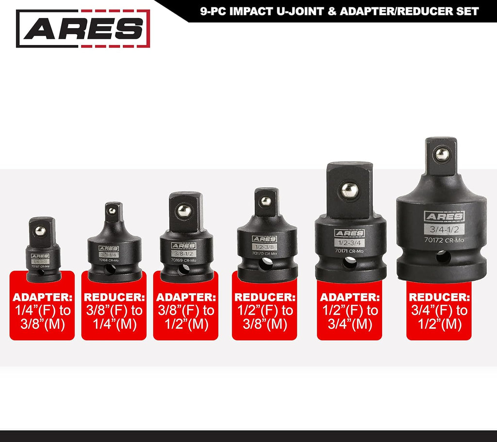 9-Pc Impact U-Joint and Adapter/Reducer Set with Aluminum Storage Rail L450