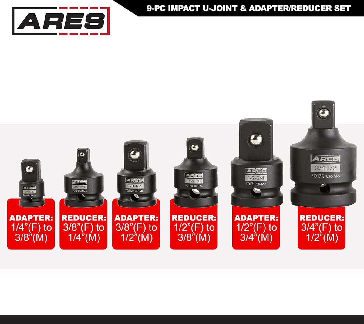 9-Pc Impact U-Joint and Adapter/Reducer Set with Aluminum Storage Rail L450