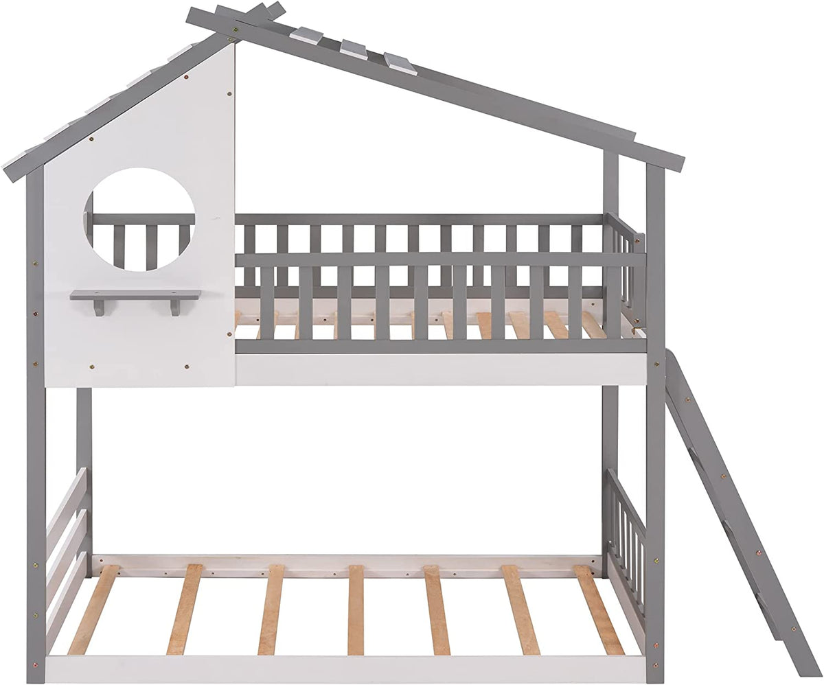 Gray Wood Kids House Bed with Roof and Ladder I710653
