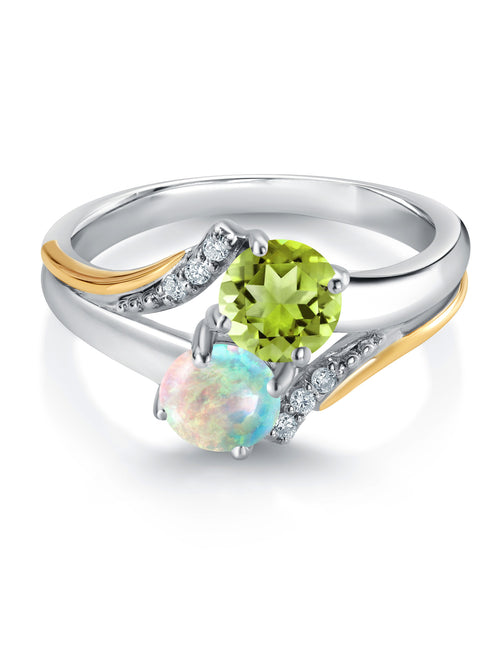 10K Yellow Gold and 925 Silver Engagement Ring with White Opal, Green Peridot, and White Lab Grown Diamond Accent U148