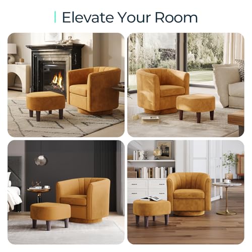 Yellow Velvet Swivel Accent Chair with Ottoman V1347