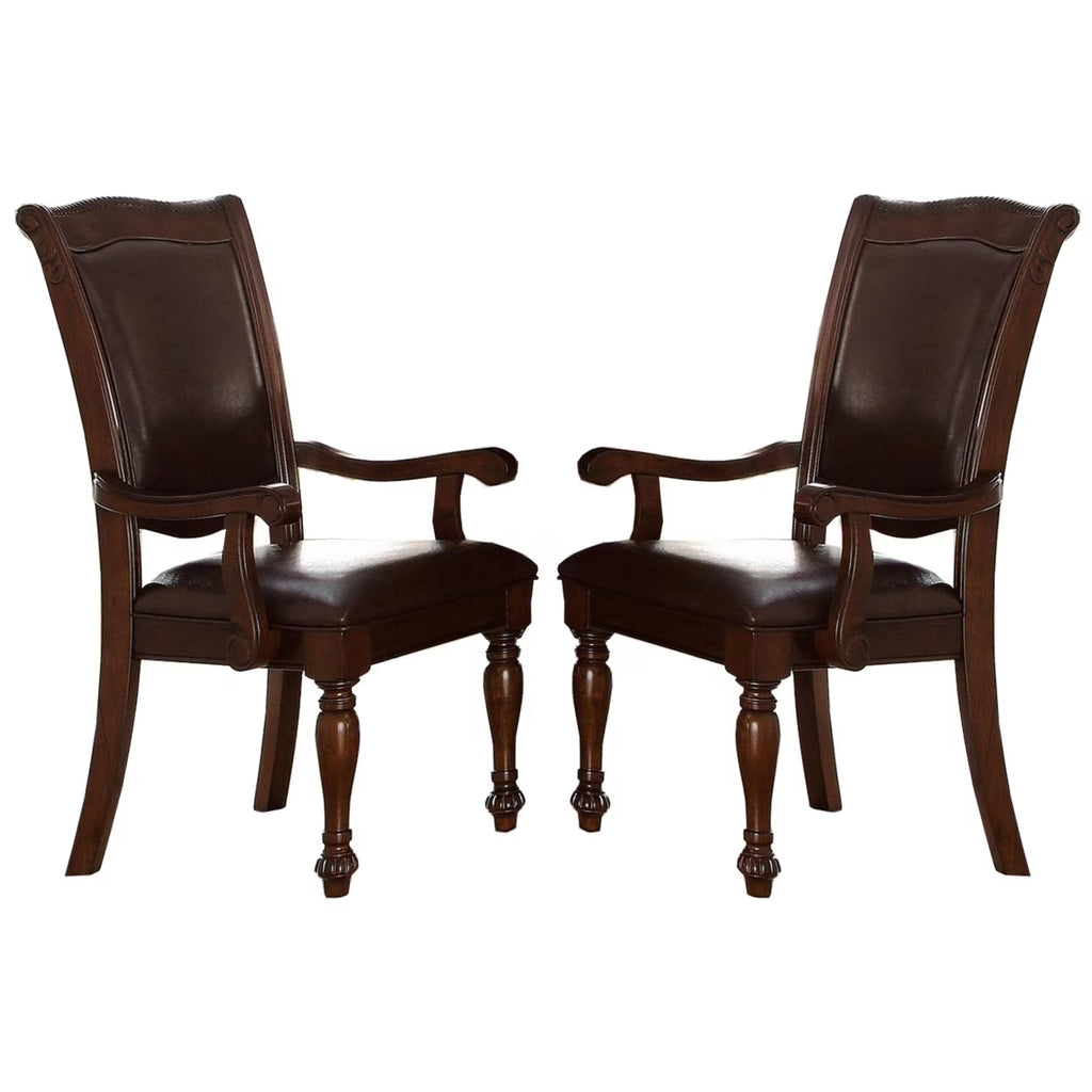 Wood & Leather Dining Side Arm Chair, Brown & Dark Brown, Set of 2 C444543