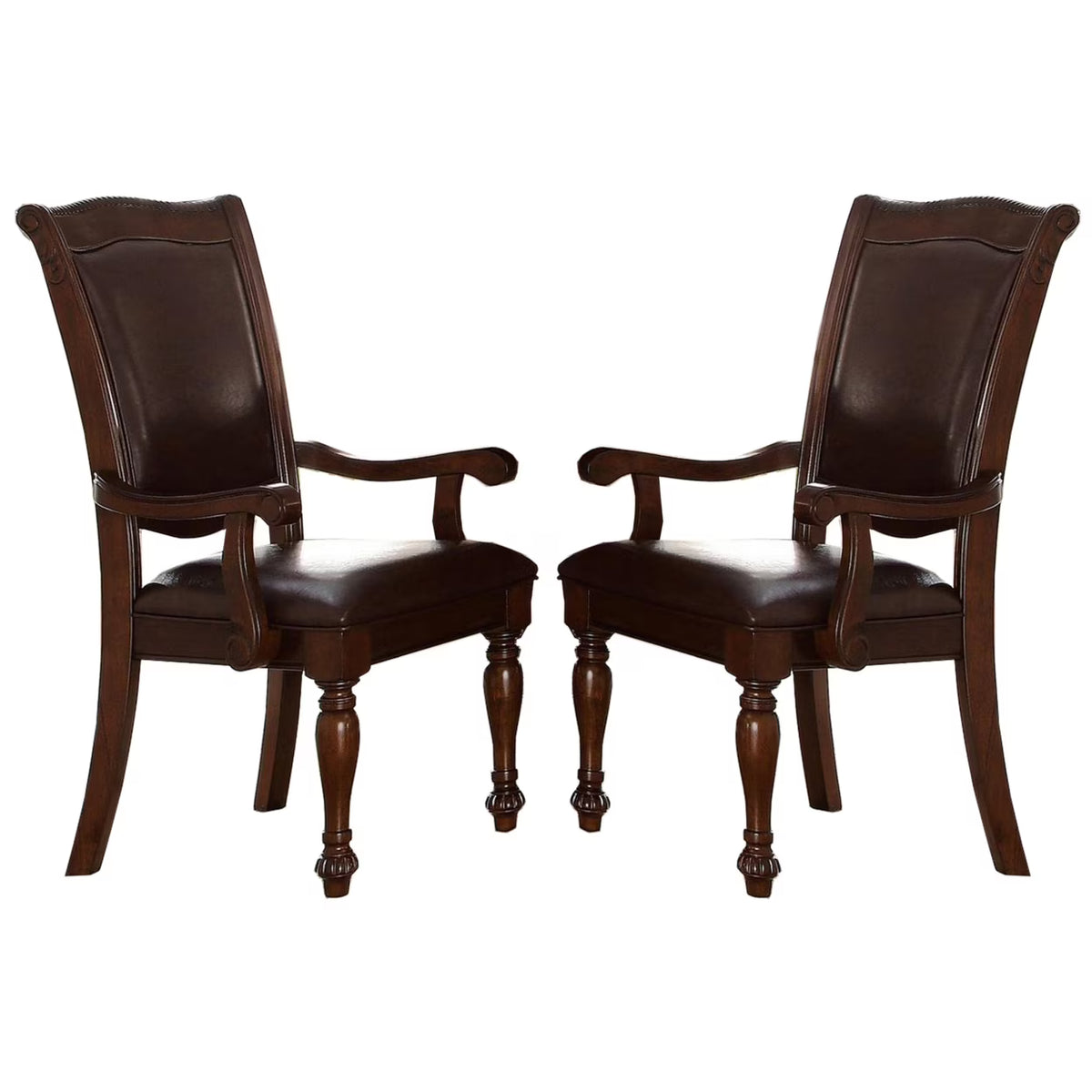 Wood & Leather Dining Side Arm Chair, Brown & Dark Brown, Set of 2 C444543