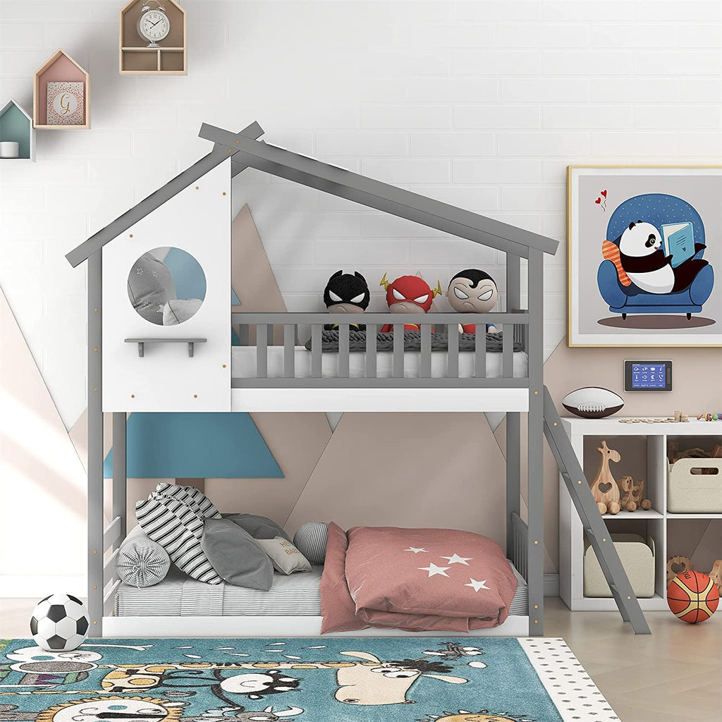 Gray Wood Kids House Bed with Roof and Ladder I710653