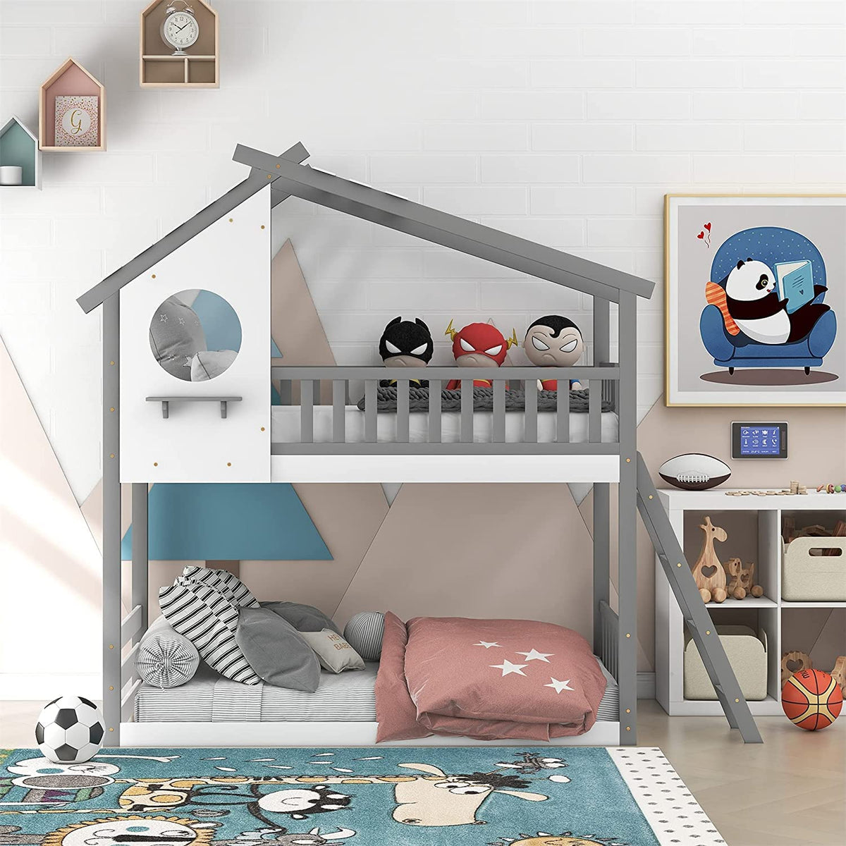 Gray Wood Kids House Bed with Roof and Ladder I710653