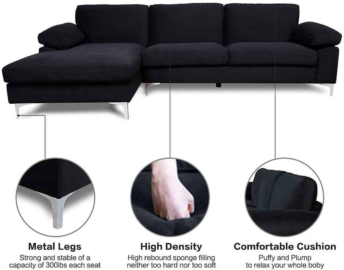 Black Velvet L-Shaped Sectional Sofa with Metal Legs D9670