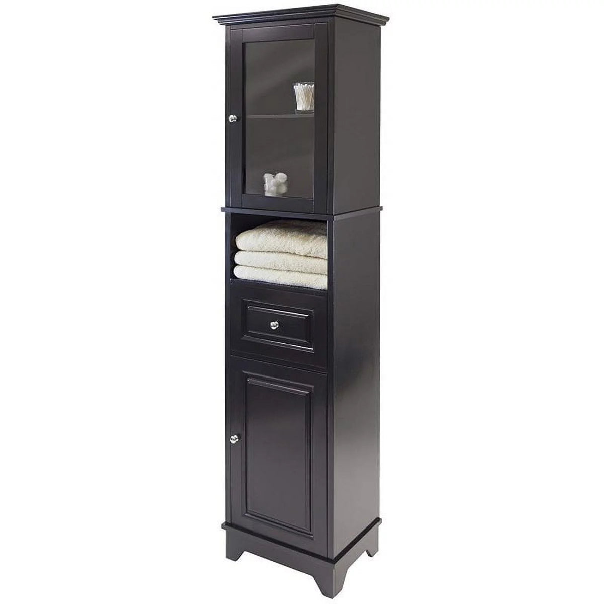 Tall Black Wood Bathroom Storage Cabinet with Glass Door and Drawer U66824