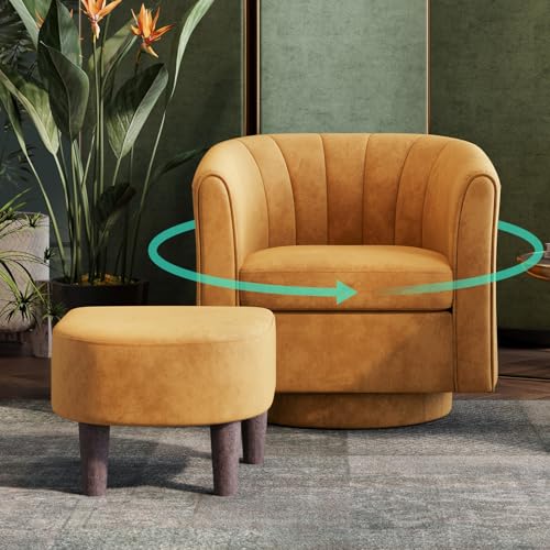 Yellow Velvet Swivel Accent Chair with Ottoman V1347