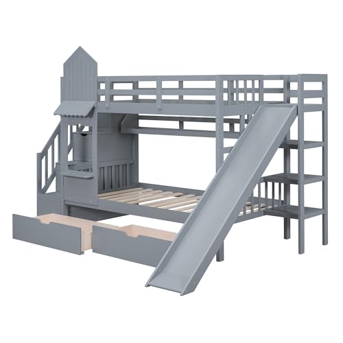 Full-Over-Full Wood Bunk Bed with Slide and Storage Staircase B365