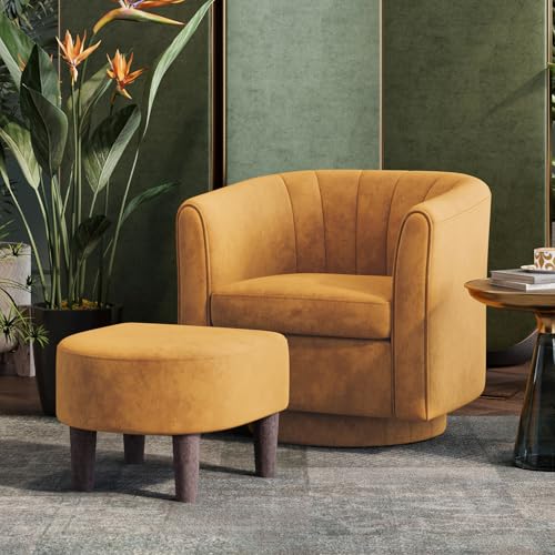 Yellow Velvet Swivel Accent Chair with Ottoman V1347