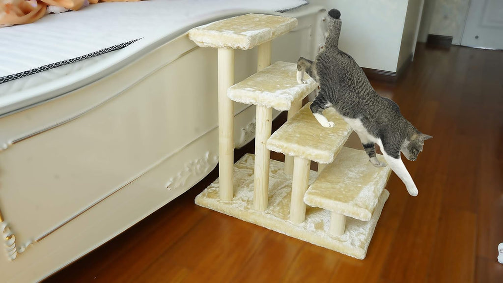 White 4-Step Wooden Pet Stairs with Detachable Carpet C82011
