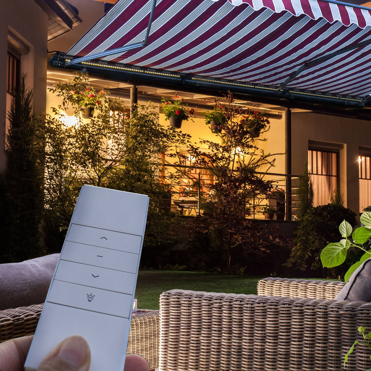 Motorized LED 12 x 10 ft. Half Cassette Retractable Awning Multi-Stripe Green K5189