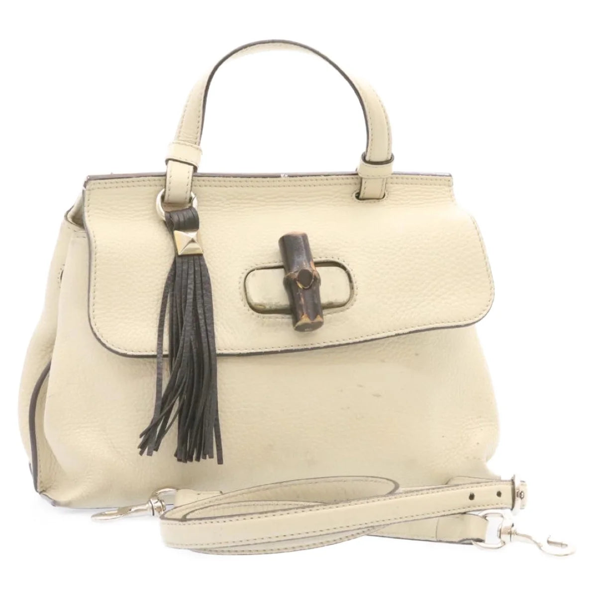 White Leather Bamboo Handbag W593