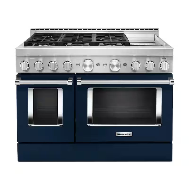 48 in. 6.3 cu. ft. Smart Double Oven Gas Range with Griddle and True Convection in Ink Blue A430