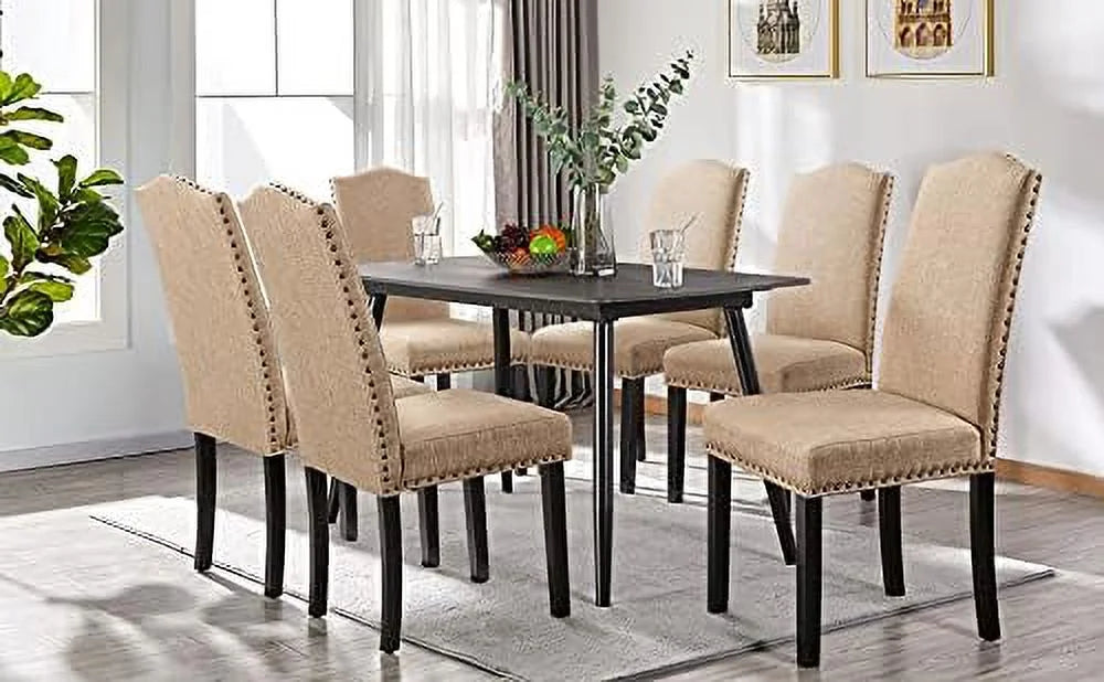 Upholstered Dining Chairs with Rubber Wood Legs and Nailhead Trim Set of 6 E42406