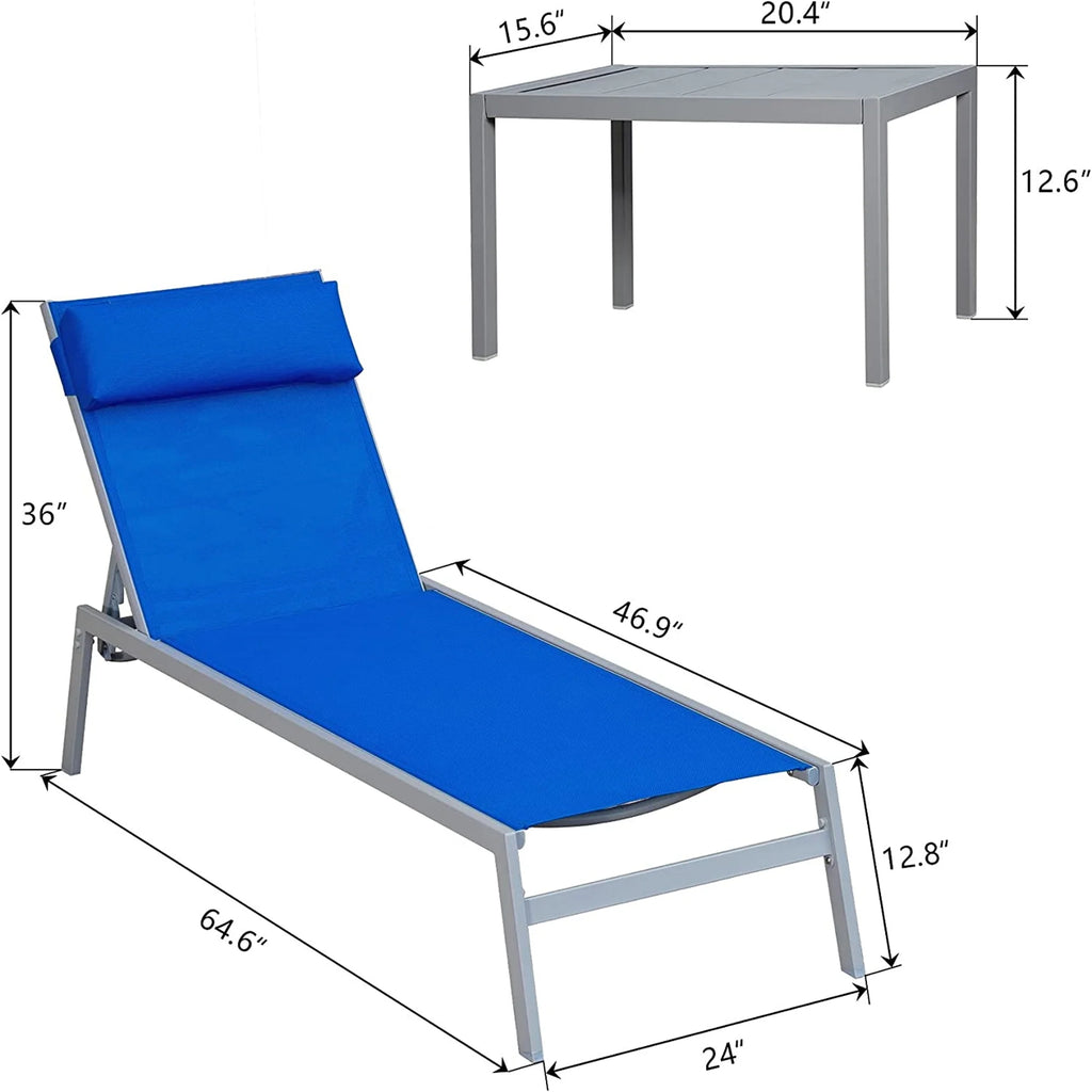 Blue 3 Pieces Adjustable Steel Textilene Patio Chaise Lounge Set F6715
