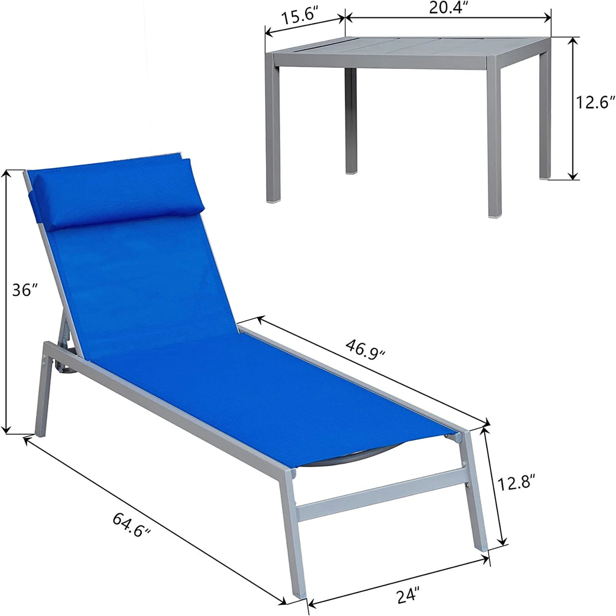 Blue 3 Pieces Adjustable Steel Textilene Patio Chaise Lounge Set F6715