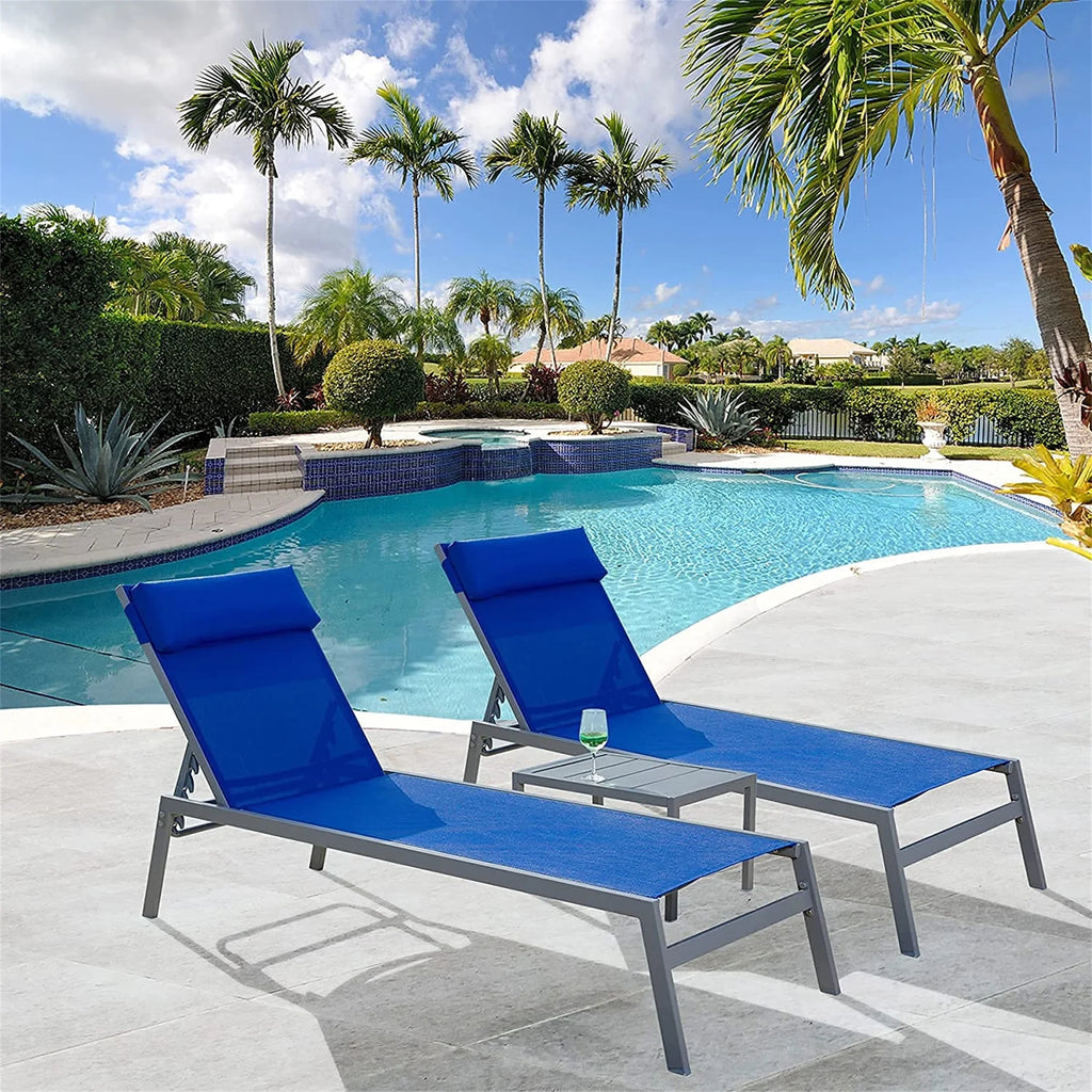 Blue 3 Pieces Adjustable Steel Textilene Patio Chaise Lounge Set F6715