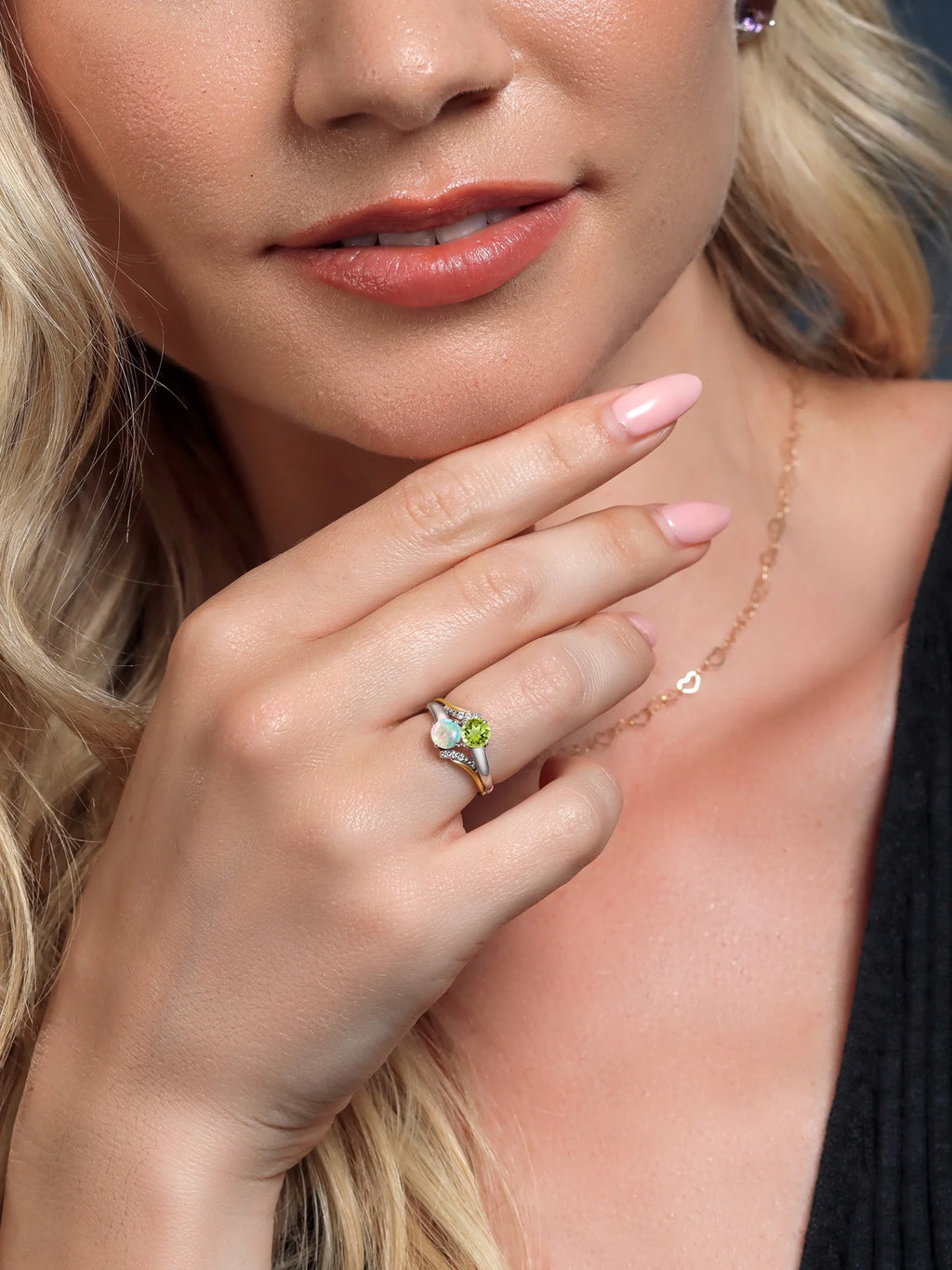 10K Yellow Gold and 925 Silver Engagement Ring with White Opal, Green Peridot, and White Lab Grown Diamond Accent U148