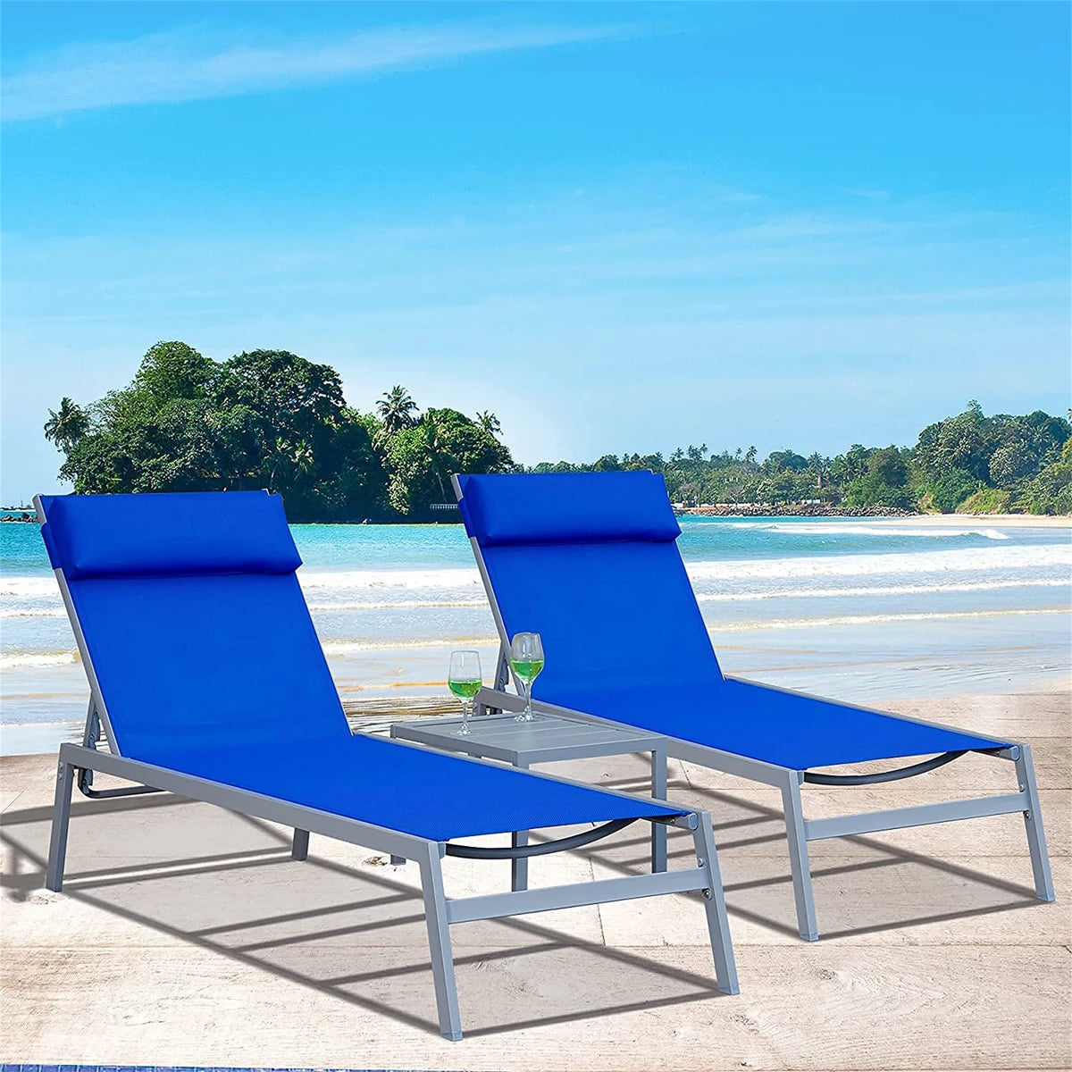 Blue 3 Pieces Adjustable Steel Textilene Patio Chaise Lounge Set F6715