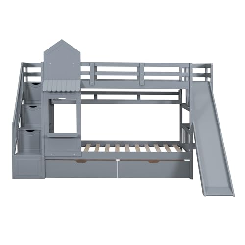Full-Over-Full Wood Bunk Bed with Slide and Storage Staircase B365