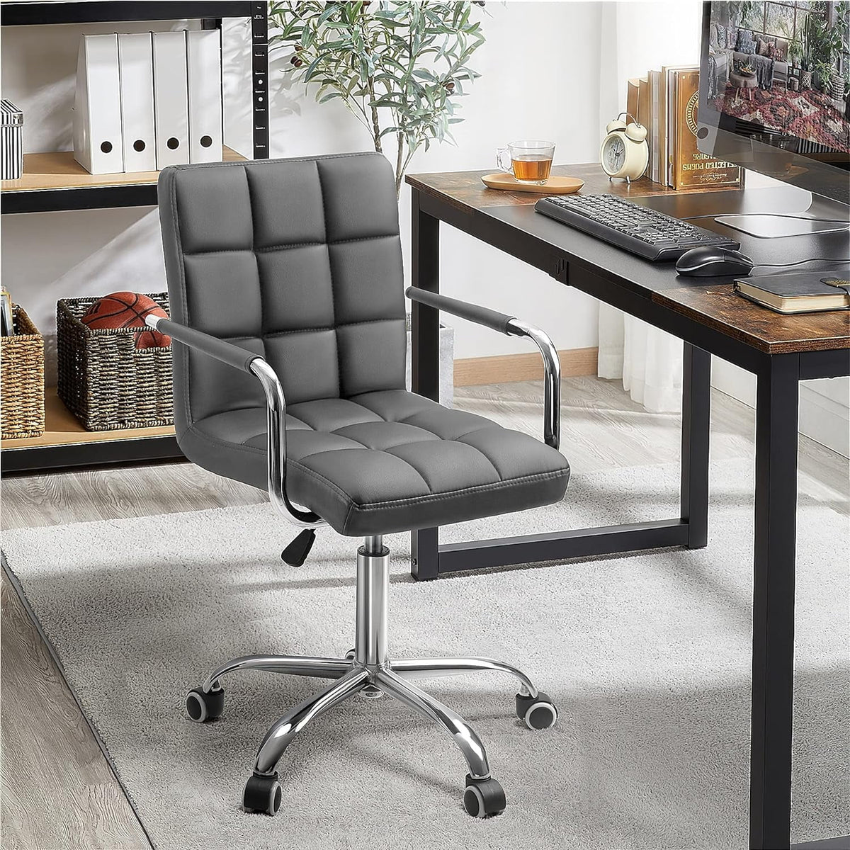 Gray PU Leather Adjustable Height Office Chair with Armrests M25142