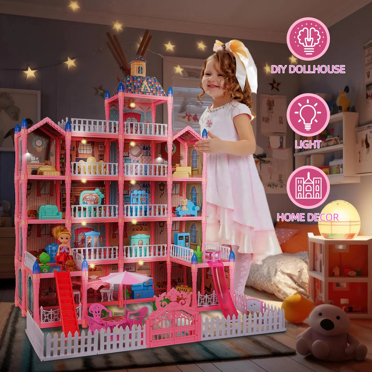 5-Story 19 Rooms Dollhouse with 1 Doll Toy Figure O406027