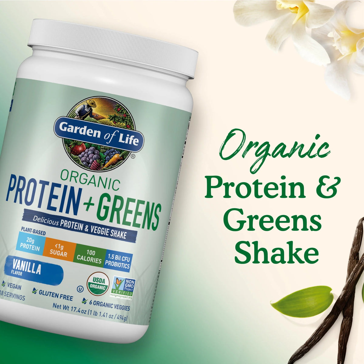 Organic Plant Protein & Greens Powder Vanilla Shake 20g Protein 1.1lb U1762