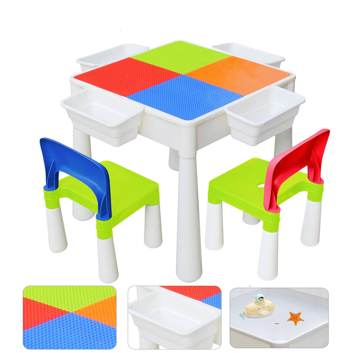 Kids Activity Table and 2 Chairs Set 3-in-1 Building Block Table Water Table Y400