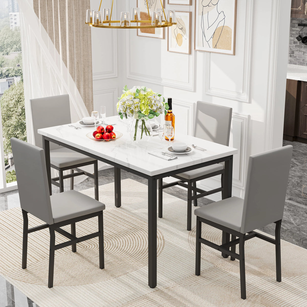 Gray 5-Piece Faux Marble Dining Table Set B97733