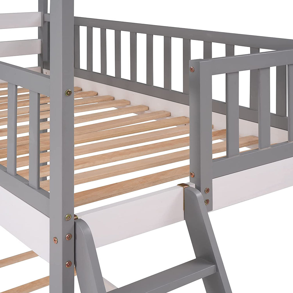 Gray Wood Kids House Bed with Roof and Ladder I710653