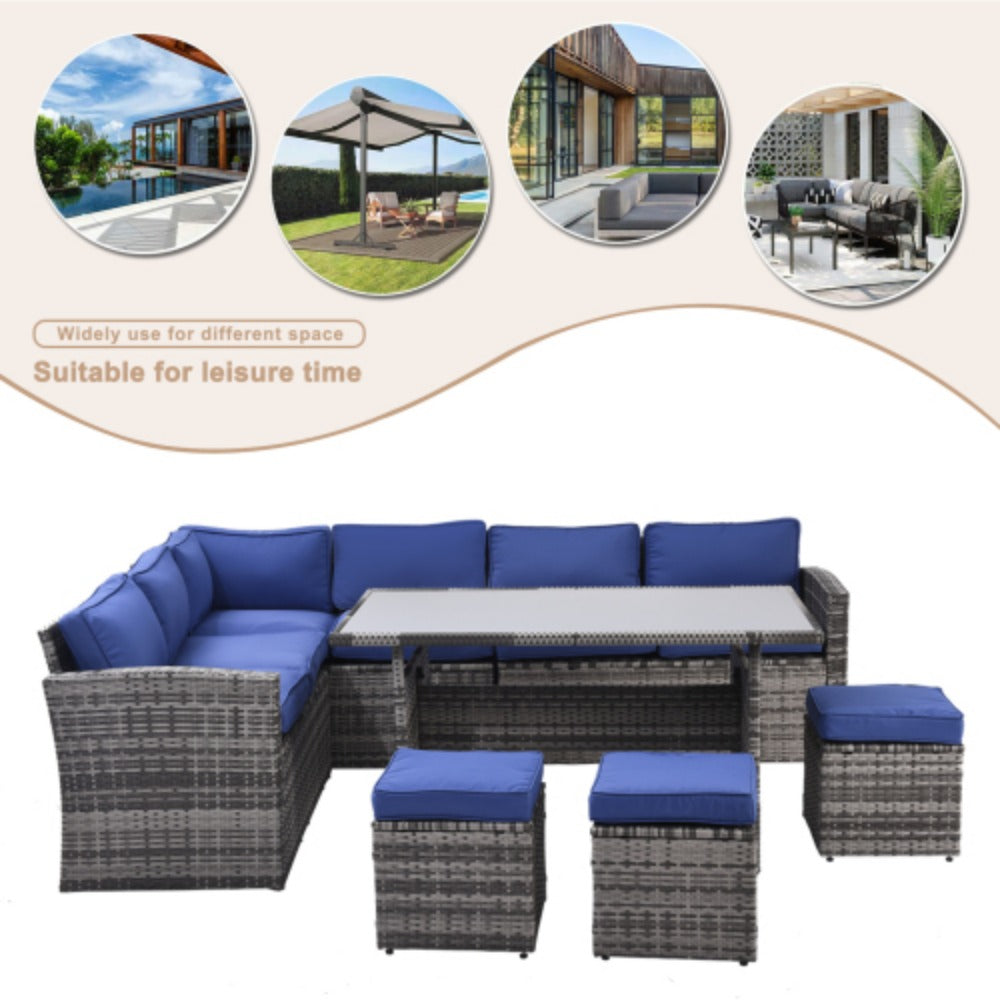 7 Piece Outdoor Patio Furniture Set with Dining Table, Chairs and Ottomans D609