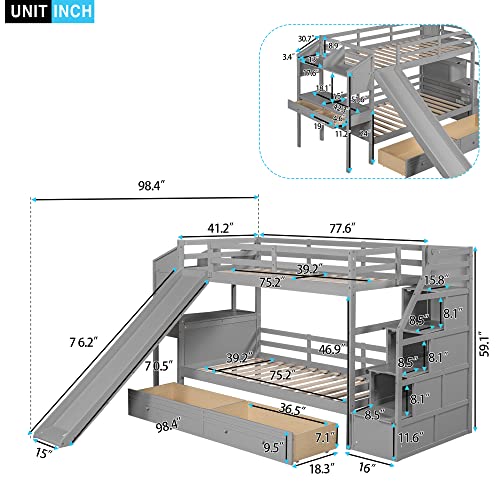 Full-Over-Full Wood Bunk Bed with Slide and Storage Staircase B365