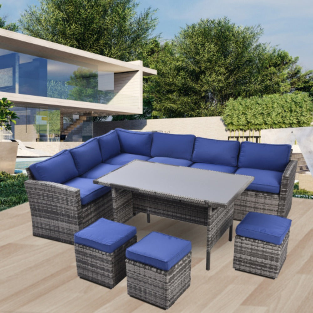 7 Piece Outdoor Patio Furniture Set with Dining Table, Chairs and Ottomans D609