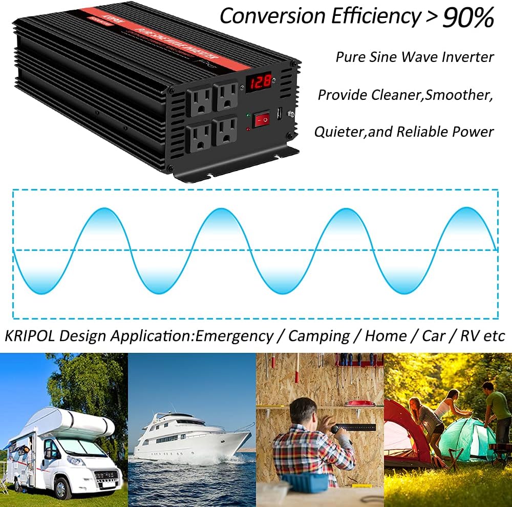 2000 Watt 12V DC to 110v/120v AC Power Inverter with 4 AC Outlets and USB Output F447