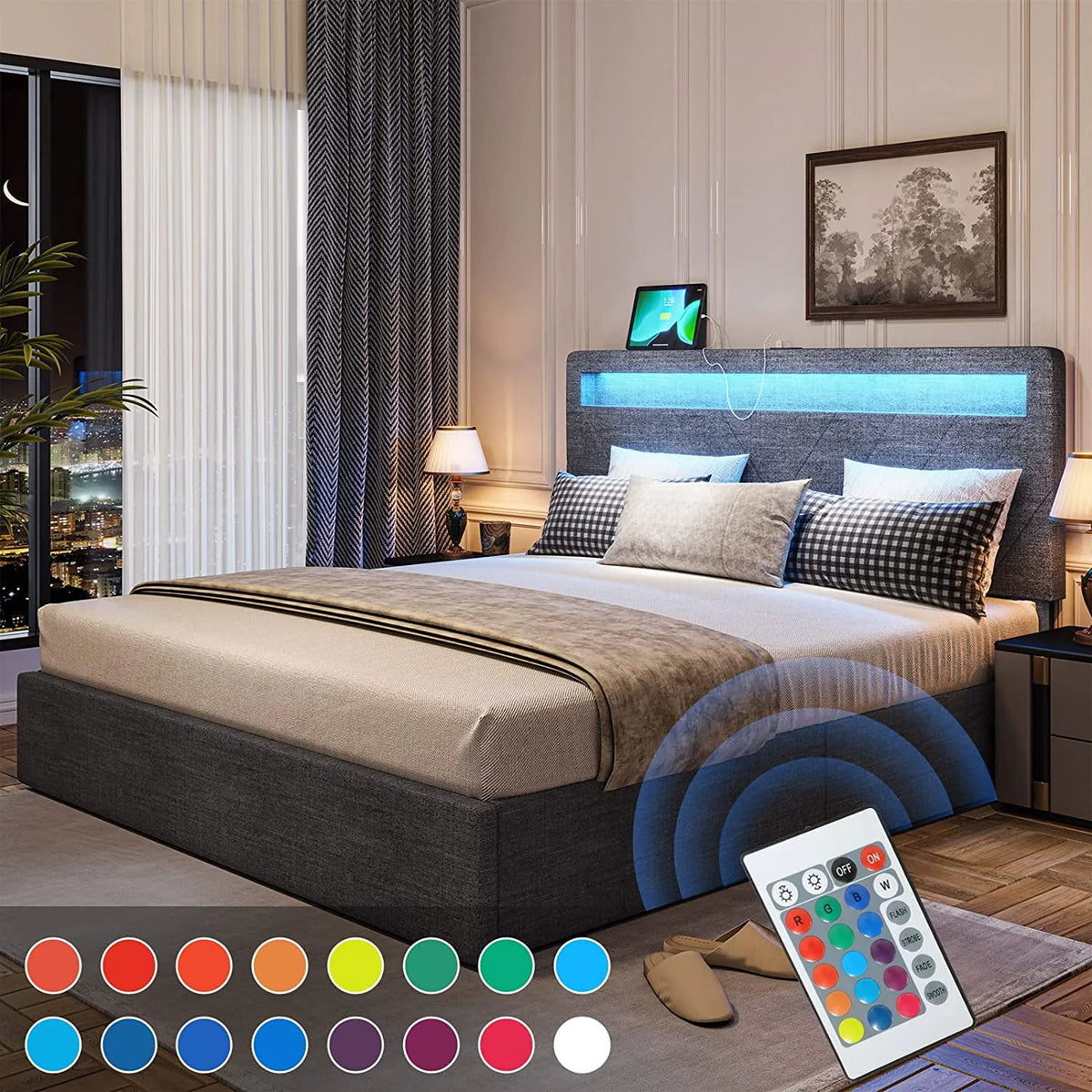 Queen Bed Frame with LED Lights Headboard, 4 Drawers, 2 USB Charging Station, Upholstered Platform Bed, Dark Gray N4034