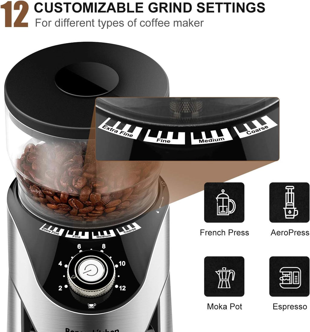 Stainless Steel Electric Conical Burr Coffee Grinder with 12 Grind Settings M28230