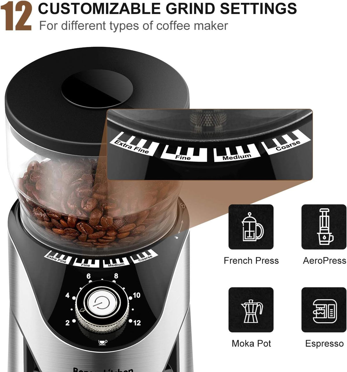 Stainless Steel Electric Conical Burr Coffee Grinder with 12 Grind Settings M28230