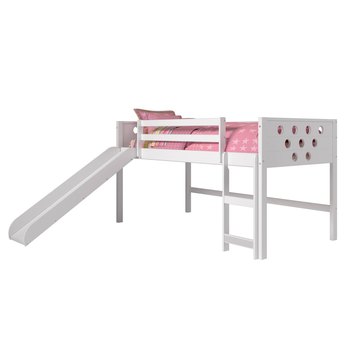 White Twin Circles Low Loft Bed with Slide and Camo Tent Kit D681