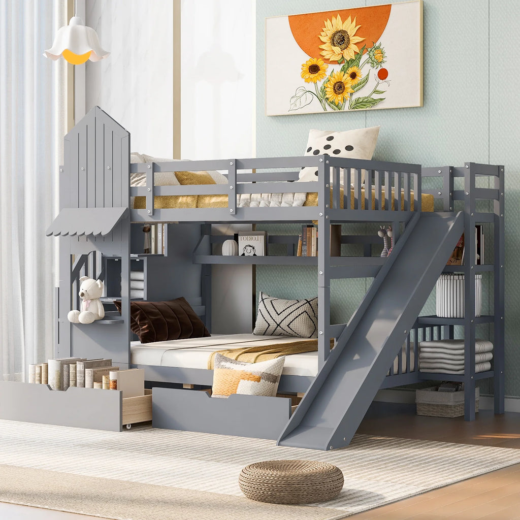 Gray Full-Over-Full Bunk Bed with 2 Drawers 3 Shelves and Slide Y449