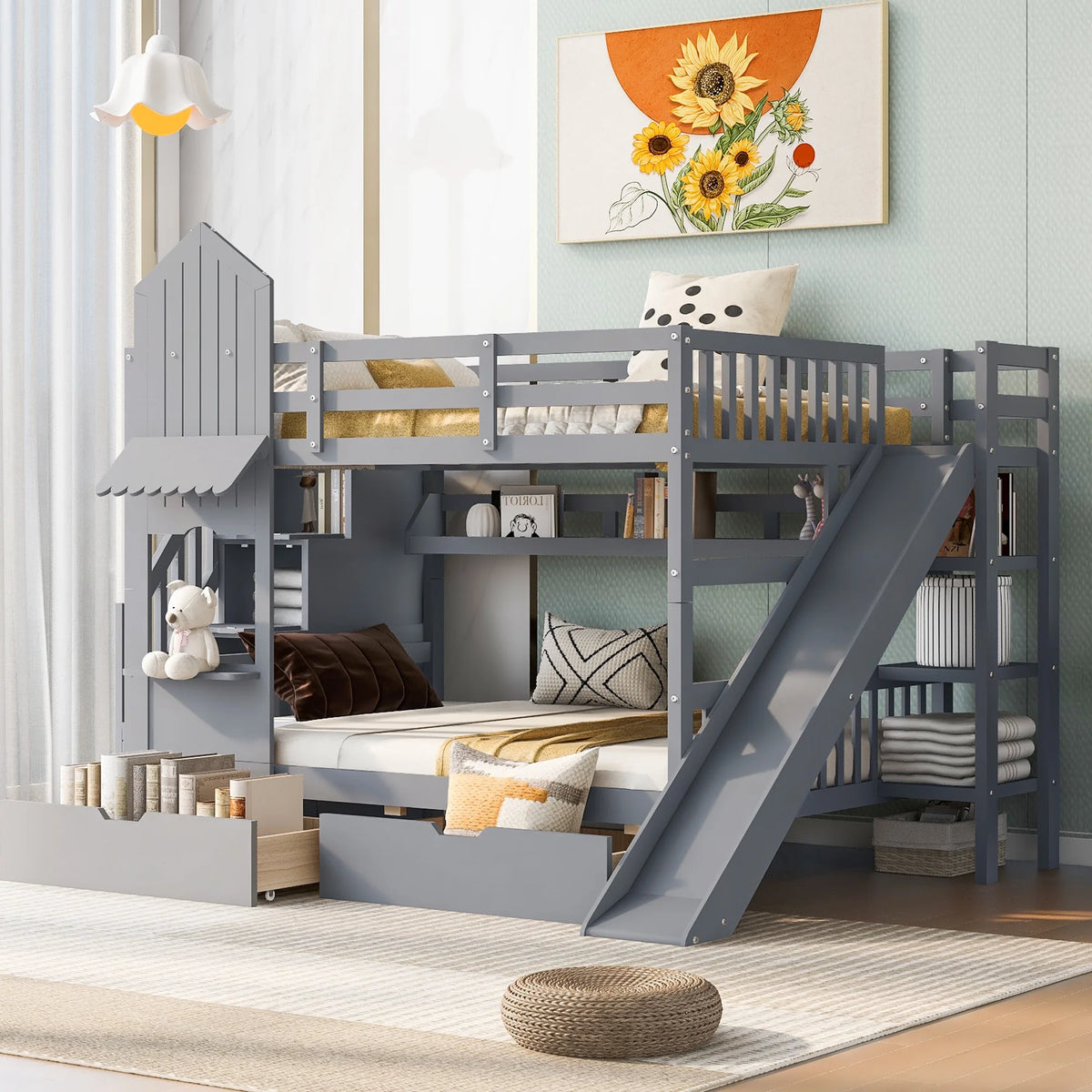 Gray Full-Over-Full Bunk Bed with 2 Drawers 3 Shelves and Slide Y449