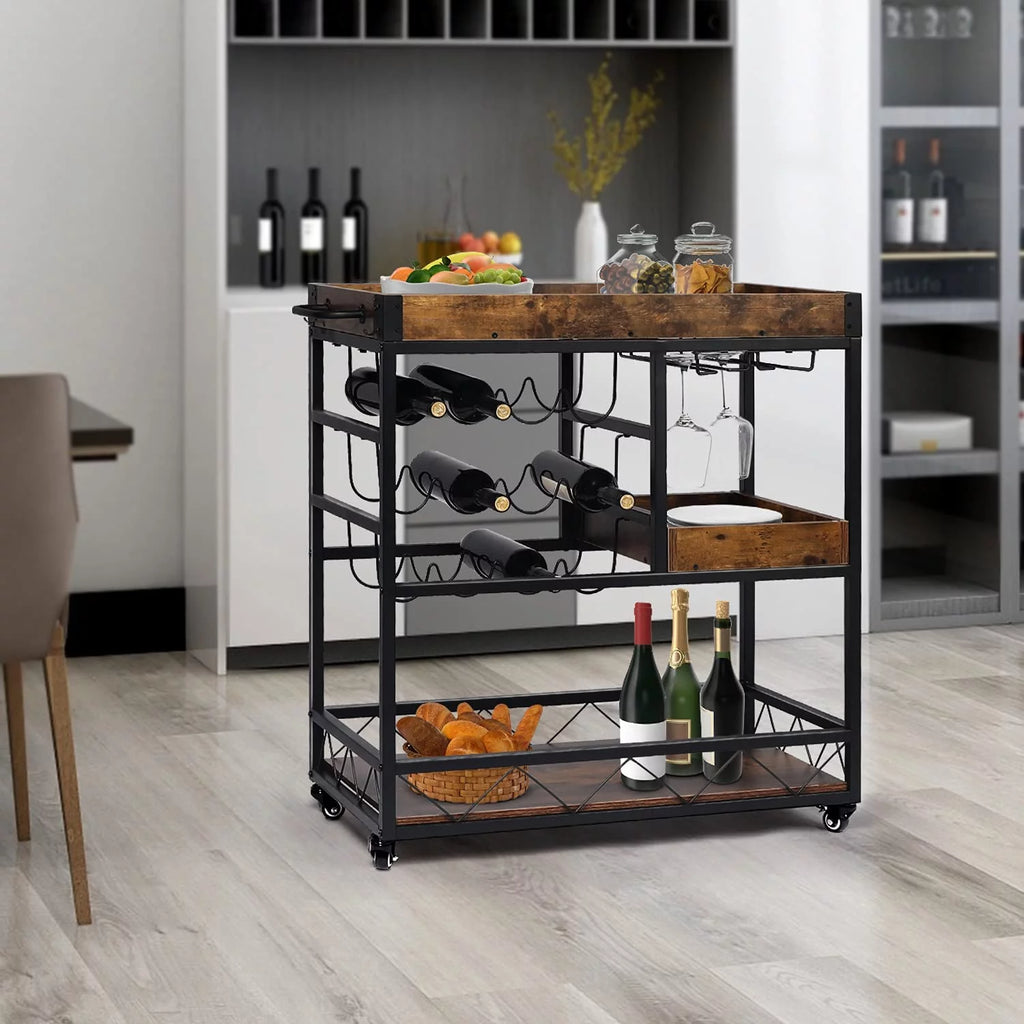 Rustic Brown Bar Cart with Wine Rack F7437