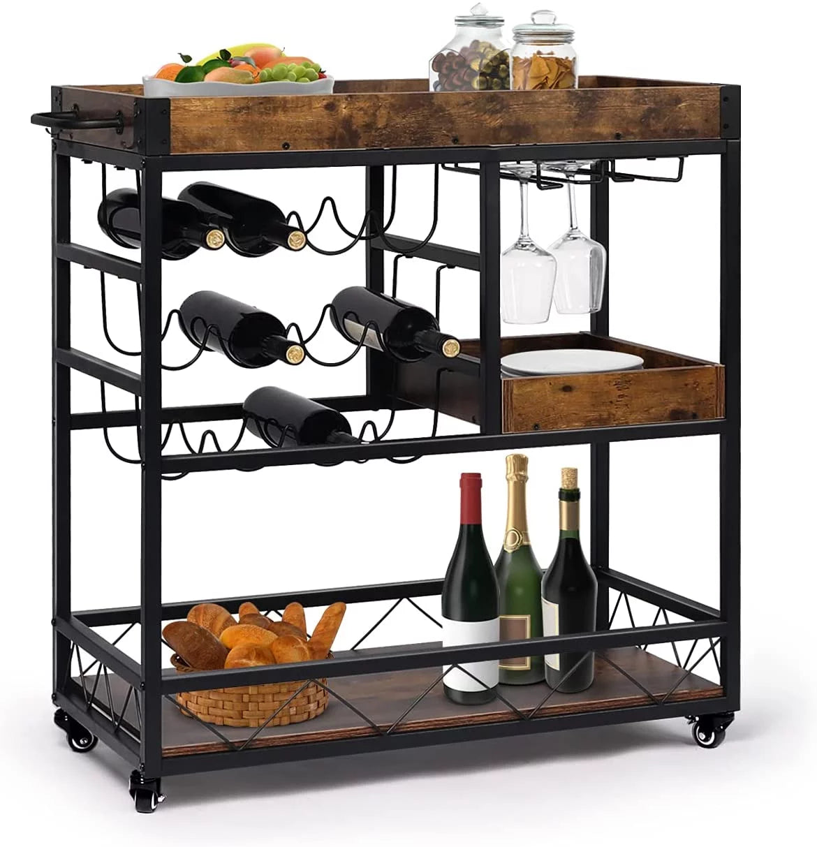 Rustic Brown Bar Cart with Wine Rack F7437