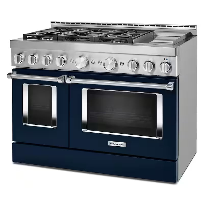 48 in. 6.3 cu. ft. Smart Double Oven Gas Range with Griddle and True Convection in Ink Blue A430