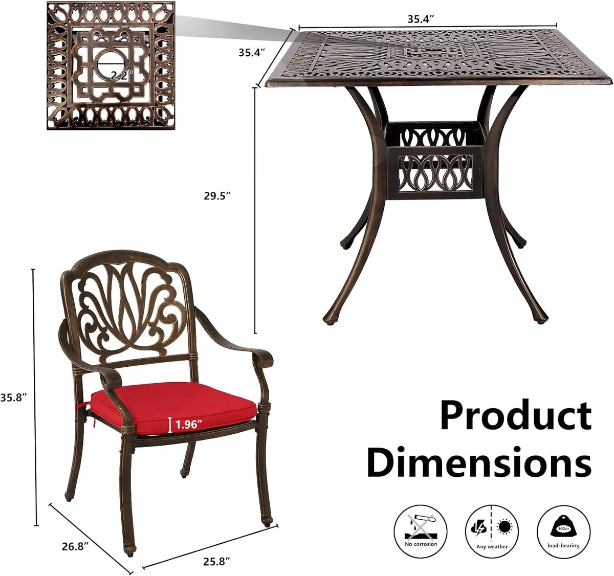 5 Piece Cast Aluminum Patio Dining Set with Red Cushion R912