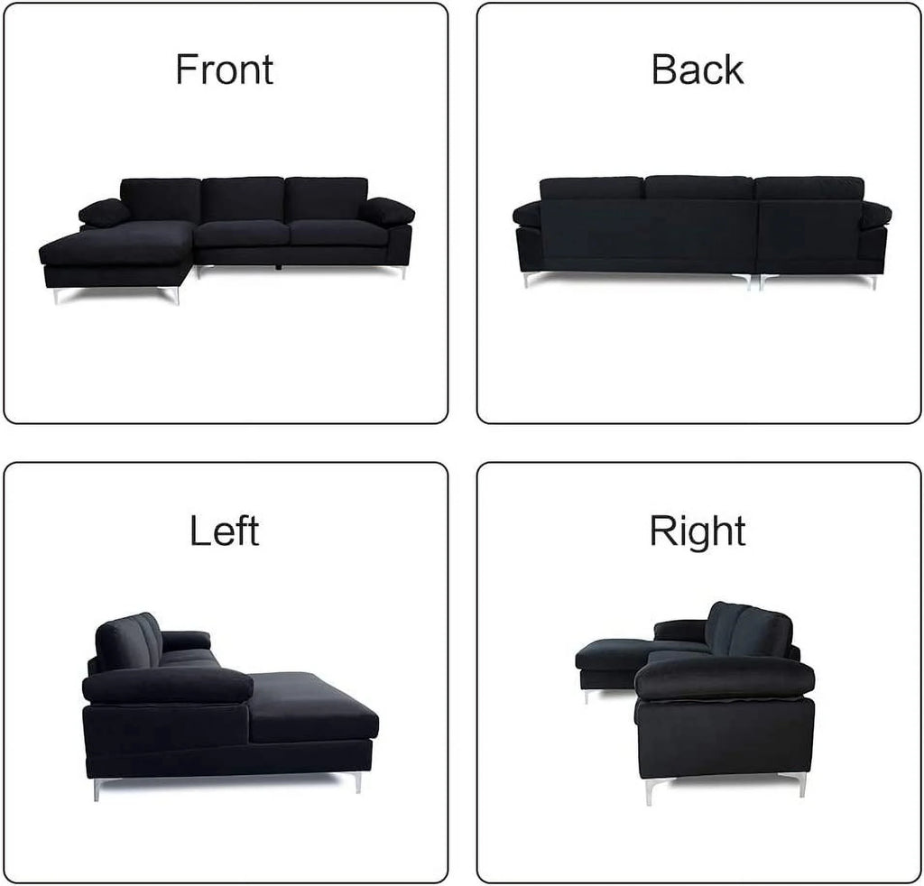 Black Velvet L-Shaped Sectional Sofa with Metal Legs D9670